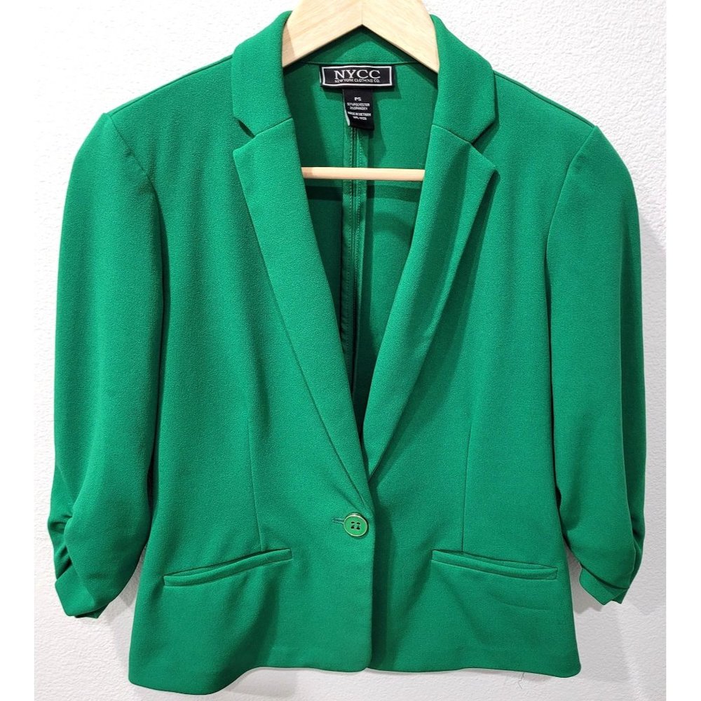 Womens NYCC Green Single-button Ruched 3/4" Sleeve Blazer Jacket Size PS